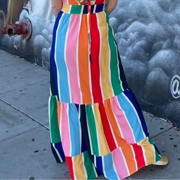 Colorful Striped Ruffle Hem Maxi Cami Dress - Picture 5 of 8
